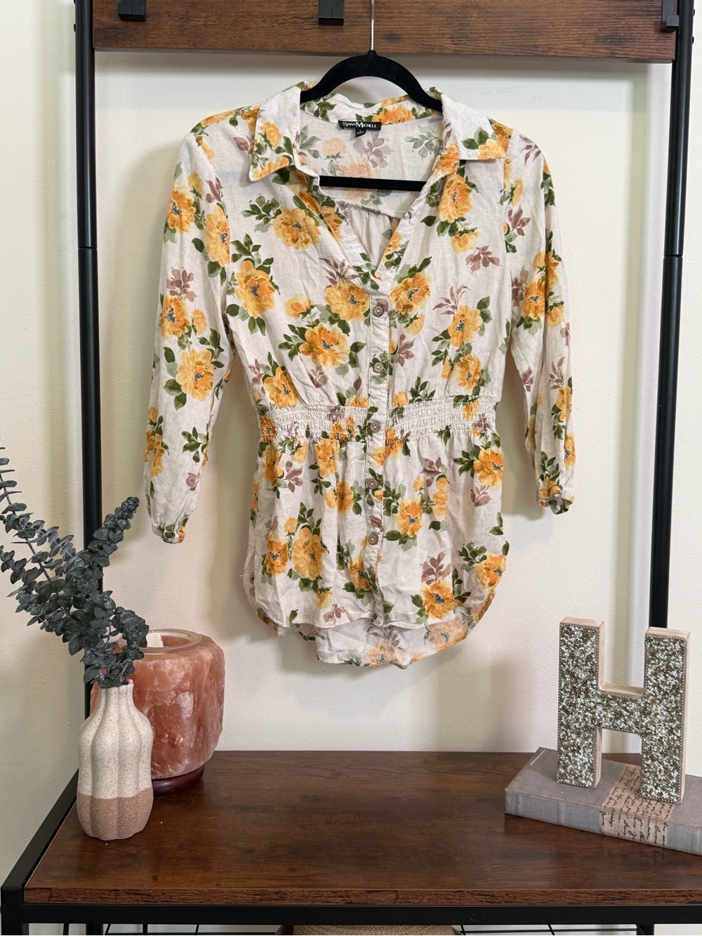 Sara Michelle Floral Smocked Waist Button Front Blouse Size Small